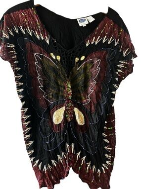 Vintage Diane Gilman Black Embellished Butterfly Tunic Top